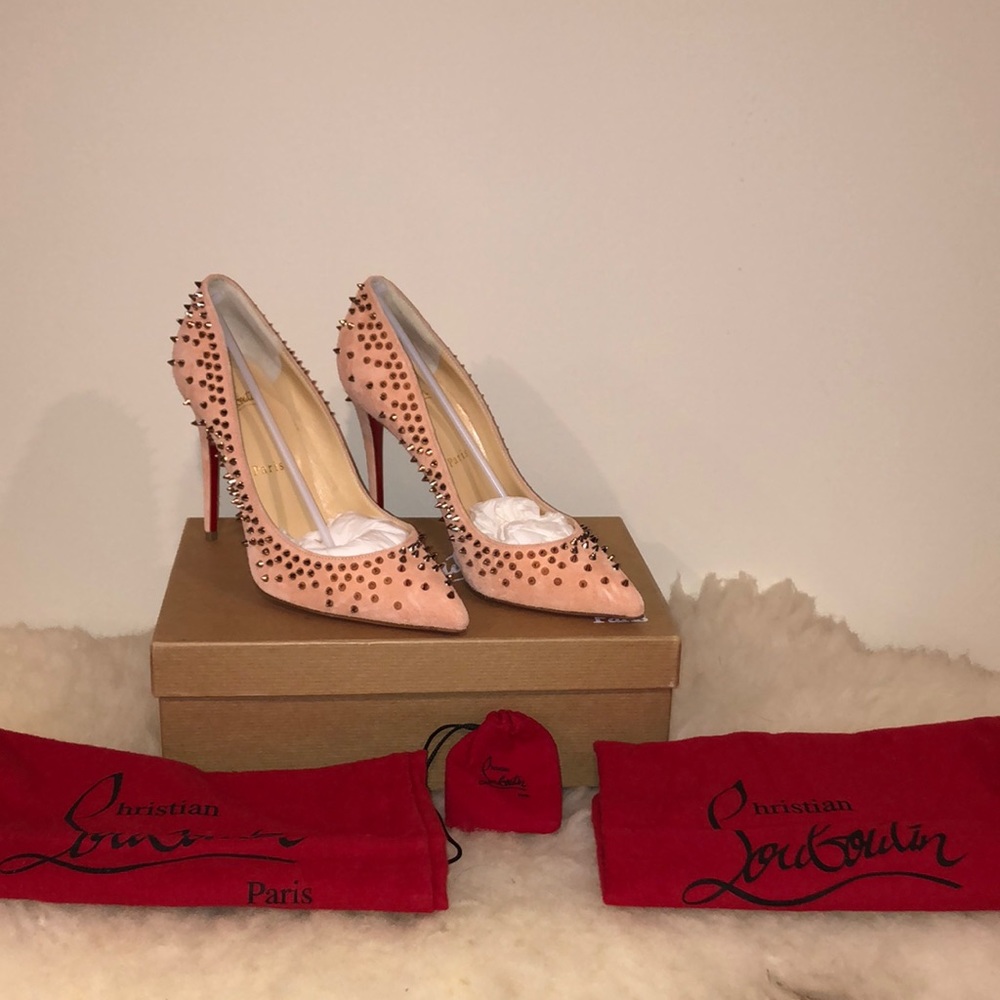Christian Louboutin Paris Wacarpic 100 Velours Pink suede Pumps studs - Picture 3 of 16